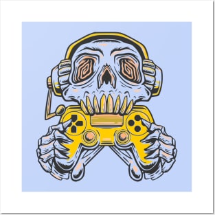 A skull gamer holding a yellow joystick controller and wearing headphone. Posters and Art